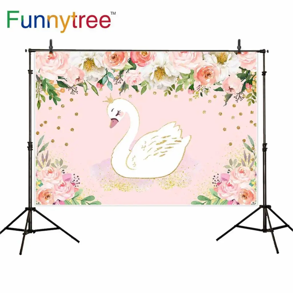 

Фотобудка Funnytree для детской фотосъемки на день рождения, мультяшная Корона, лебедь, цветы, розовый фон для фотосъемки, Фотофон