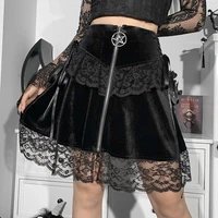 new retro women fashion black short skirt gothic darkness sexy solid patchwork zipper high waist lace edge autumn lady skirt