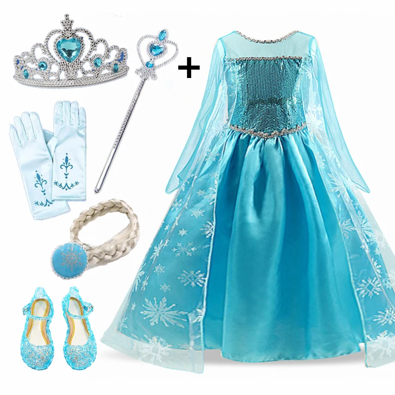 

Princess Dresses for Girls 3-10Y Cosplay Costume Halloween Birthday Party Clothes Snow Dress Princess Crown Braid