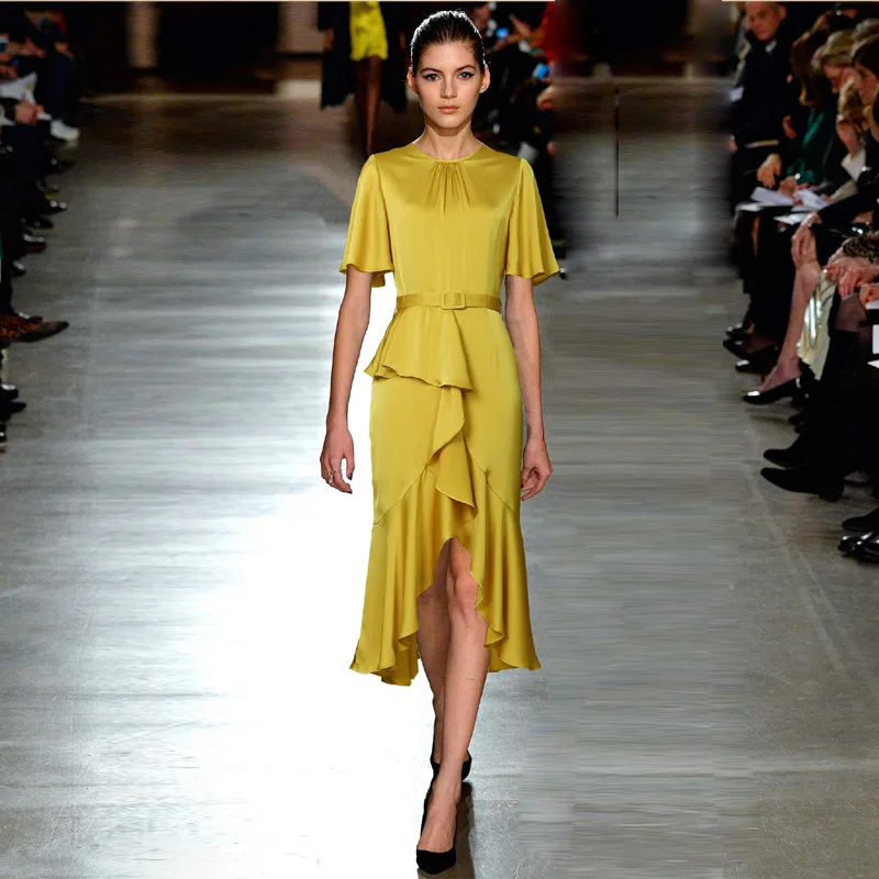 

High quality 2022 summer new fashion solid color satin round neck trumpet sleeve wood ear slim body bag hip fishtail woman dress
