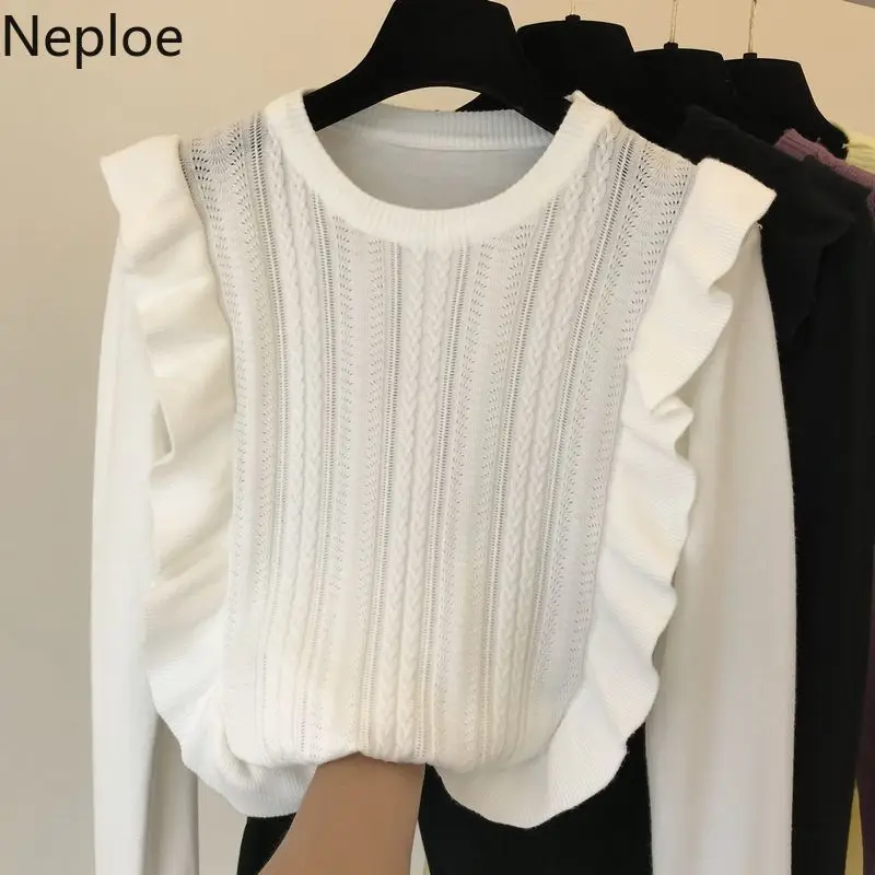 Neploe/осень, новая Корейская Милая зимняя одежда, Вязанный свитер с рукавами-колокольчиками и рюшами, тонкий, Pull Femme Hiver 46371