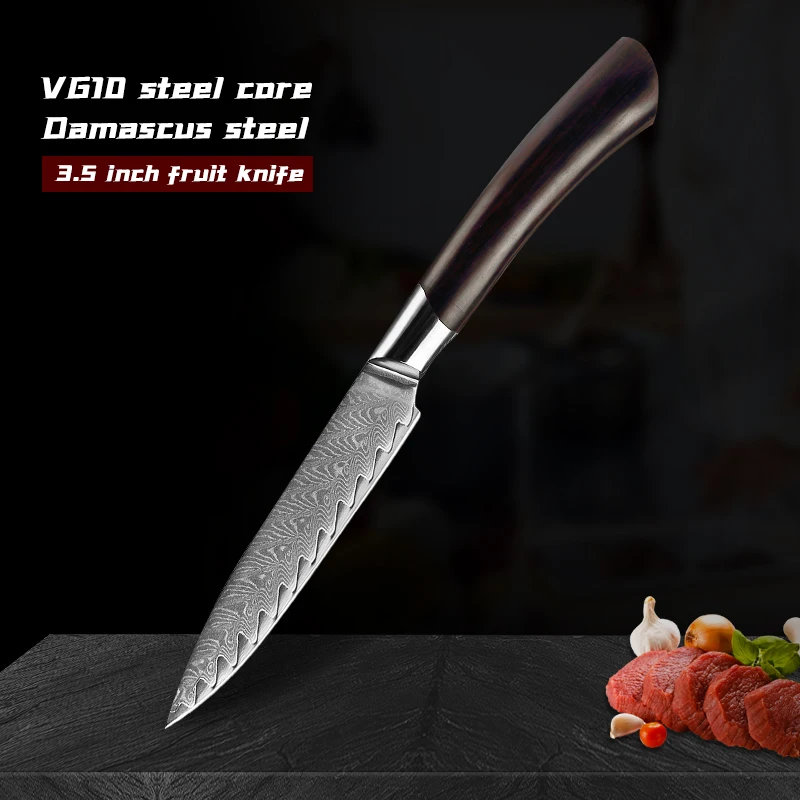 

Fruit Knife 3.5 Inch Damascus VG10 Steel Kitchen Knife Professional Vegetable Cooking Knife Ebony Handle Peeling Tool