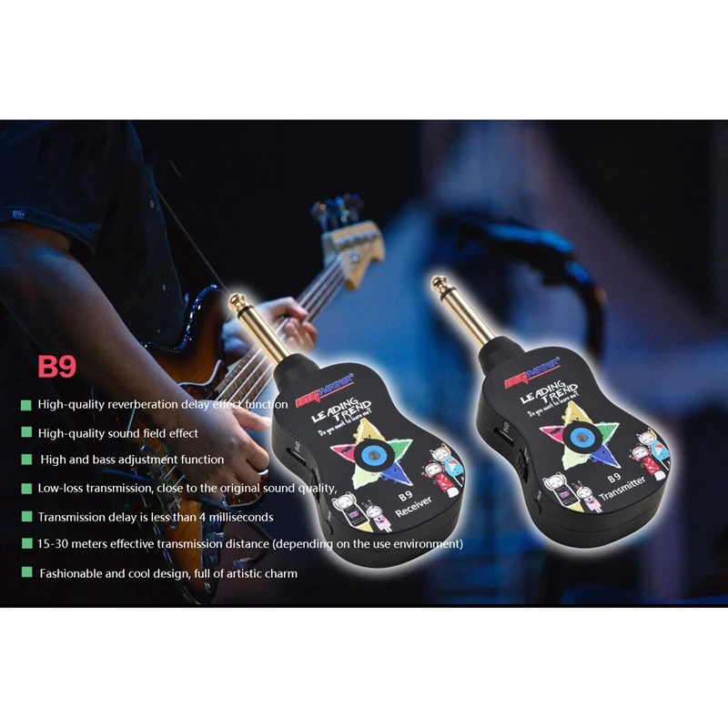 

B9 Wireless Guitar System Built-in Rechargeable 4 Channels Wireless Guitar Transmitter Receiver for Electric Guitar Bass