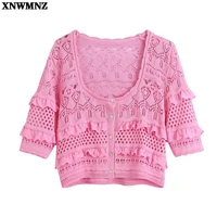 women sweet fashion cutwork embroidery button up knit cardigan chic square neck short sleeves ruffle female cropped cardigan
