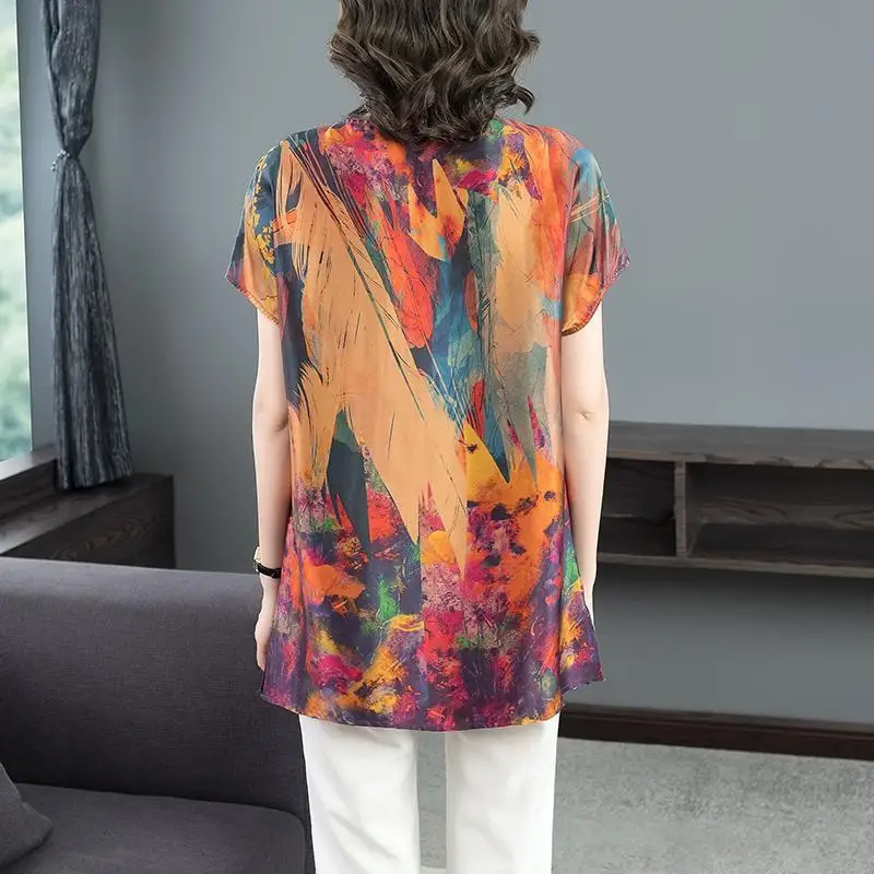 

Loose imitation silk blouse women spring and summer new fashion printing temperament round neck western style shirt