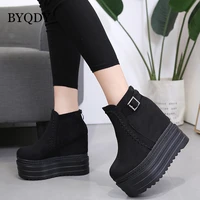 byqdy high platform woman boots 12 5cm ultra high heels boots winter shoes for woman sewing metal buckle round toe wedges boots