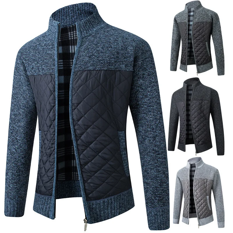 

Fall/winter Men's Stand-up Collar Striped Plaid Zipper Plus Velvet Fashion Color Matching Warm Knitted Jacket Sweater