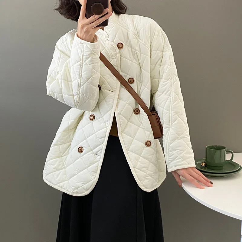 

Ailegogo Autumn Women Lightweight Loose Padded Jacket Streetwear Female Double Breasted Solid Color Cotton Coat Ins Outwear