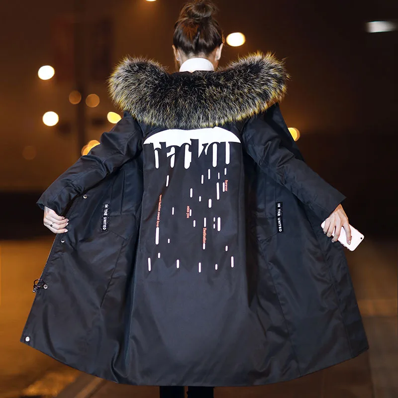 Большой енот собака меховой воротник с капюшоном модные зимние пуховики женские