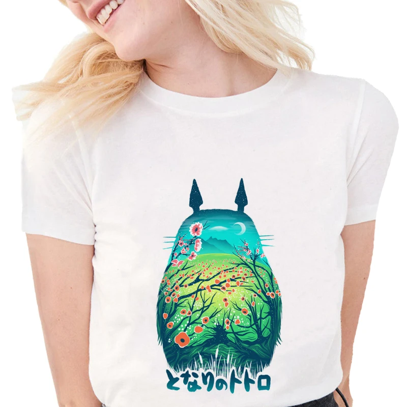 

Летние милые футболки с мультяшным принтом Тоторо, Женские топы с коротким рукавом, стильные белые футболки в стиле Харадзюку, повседневные...