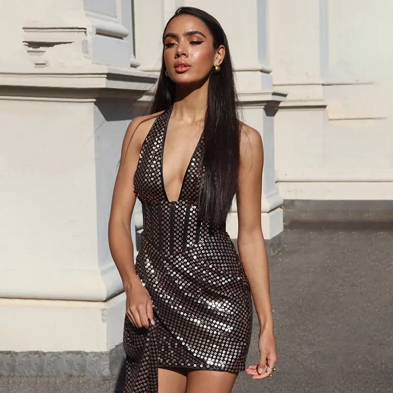 

Бесплатная доставка 2020 Новое модное блестящее Золотое пикантное мини-платье с глубоким V-образным вырезом и открытой спиной для вечевечерн...