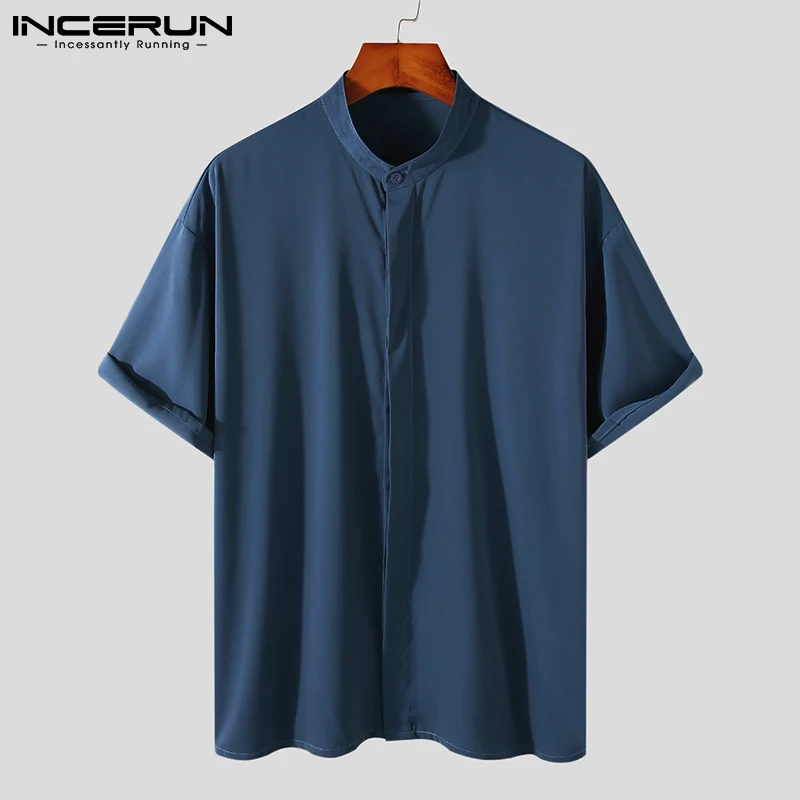

INCERUN Summer Men Solid Color Shirt Brand Stand Collar Short Sleeve Breathable Button Casual Tops Streetwear 2021 Camisas S-5XL
