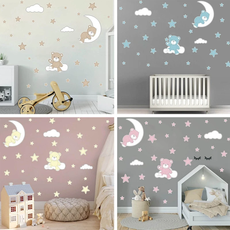

Hot Cute Moon Stars Bear Wall Stickers For Kids Baby Room Home Nursery Art Decorative Sticker Children Bedroom Decals Murals