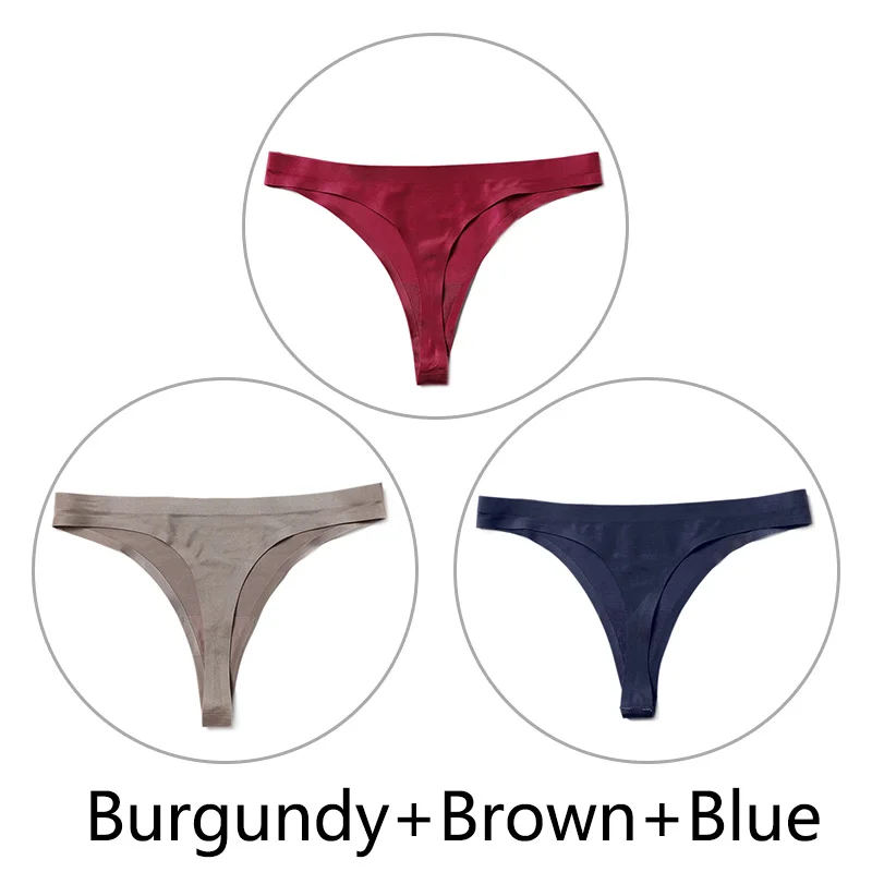 Burgundy-Brown-Blue 3 шт./партия, Сексуальные Бесшовные прозрачные трусики, женские трусики с низкой талией, трусики-стринги, нижнее белье, женские трусы-танга, стринги большого размера - Цвет: Burgundy-Brown-Blue