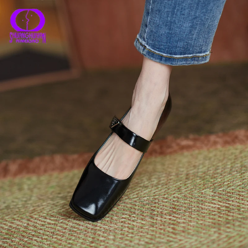 

AMEGOO Spring Wax & Oil Leather Ballet Flats Women Hook & Loop Shallow Square Toe Genuine Leather Dress Shoes Ladies Low Heels