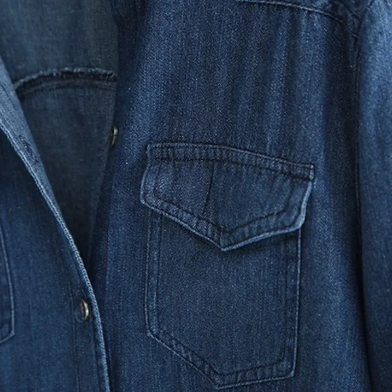 Элегантная Весенняя женская модная джинсовая рубашка ретро Длинная блузка