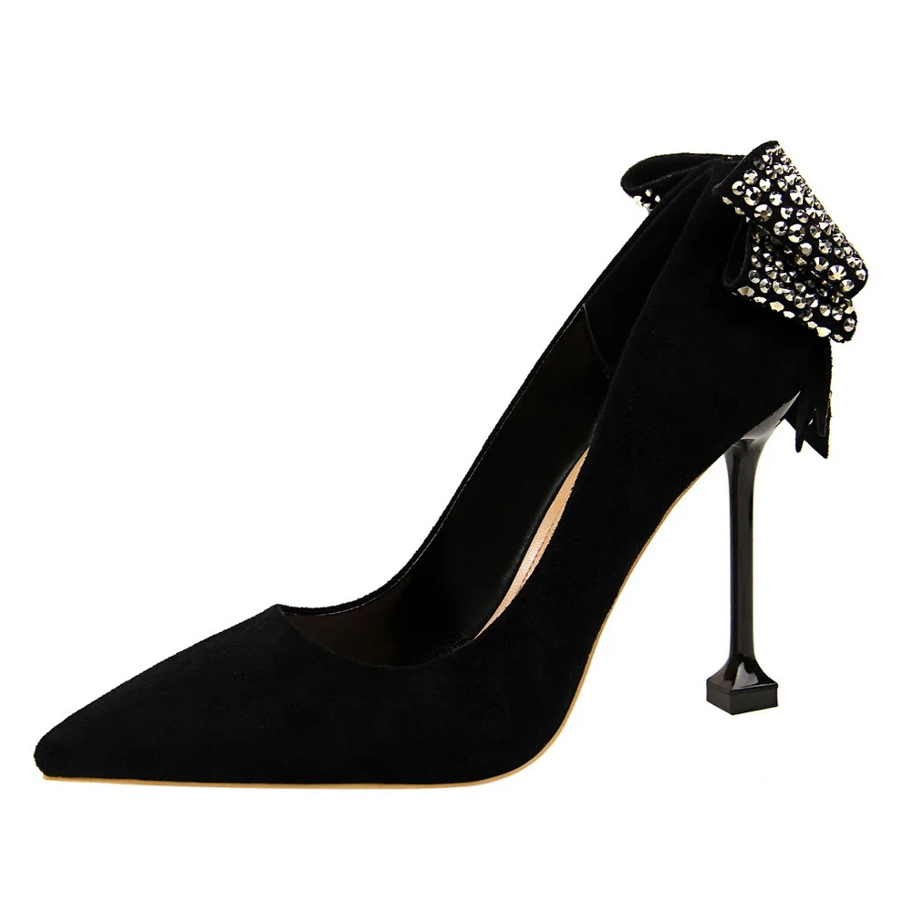 

Autumn Women Shoes Pointed Toe Pumps 9.5CM Thin Heels Wedding Dress Shoes Flock Rear Rhinestone Bow tie High Heels Boat Shoes