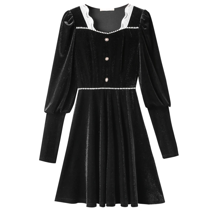 

Elegant dress in the fall of 2021 new retro velvet square neckline waist slimming small black dress fashionable women's clothing