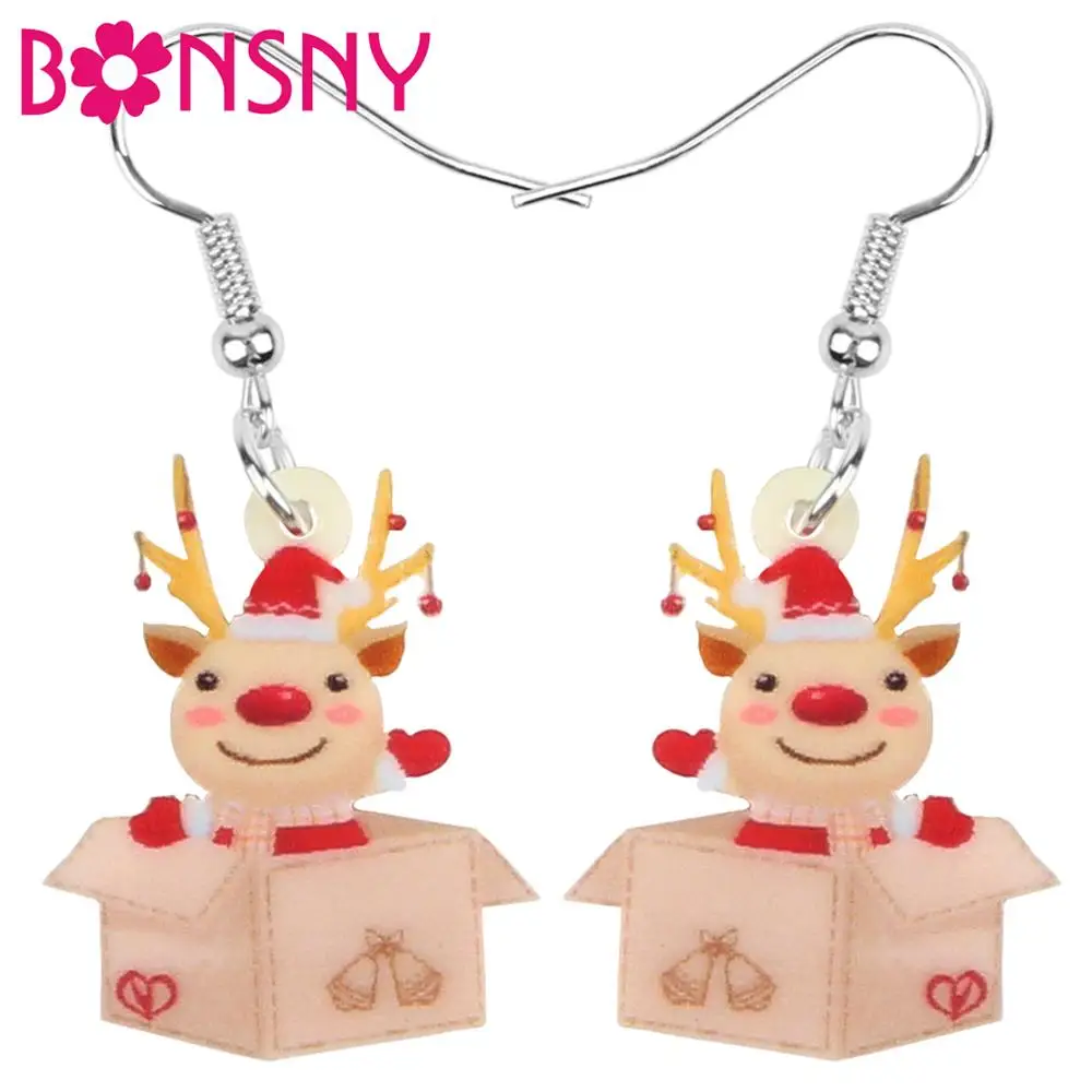 Bonsny Акриловая Рождественская шляпа олени оленьи рога Подарочная коробка серьги
