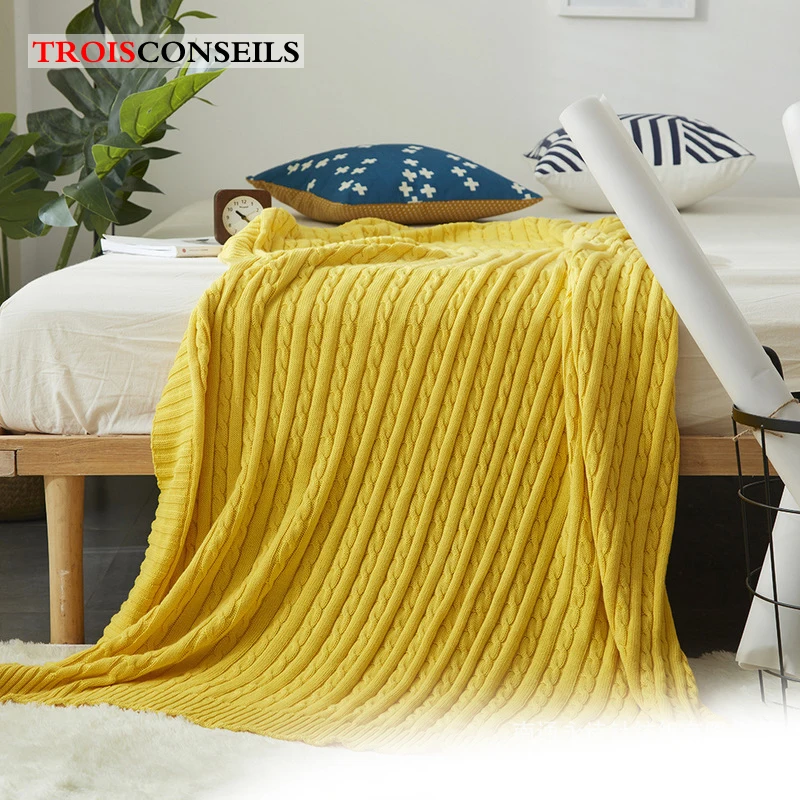 Современное плетеное вязаное одеяло однотонное Хлопковое для кровати