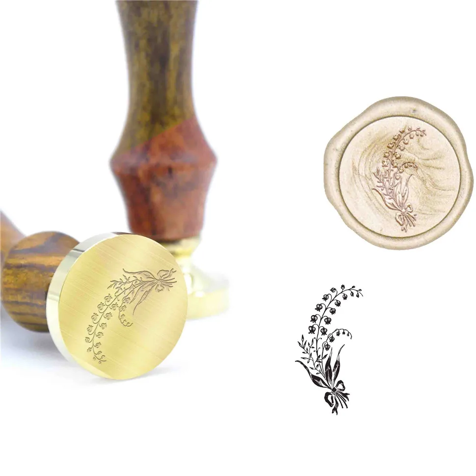 Бронзовый уплотнение с деревянной ручкой травы и Цветок папоротника сургучная