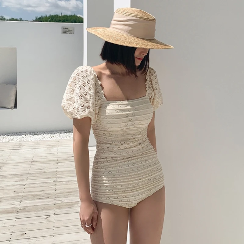 

Short Sleeve Pleated Push Up Swimsuit One Piece Swimwear Black Sexy Off Shoulder Monokini Korean Style 2022 Bathing Suit Women