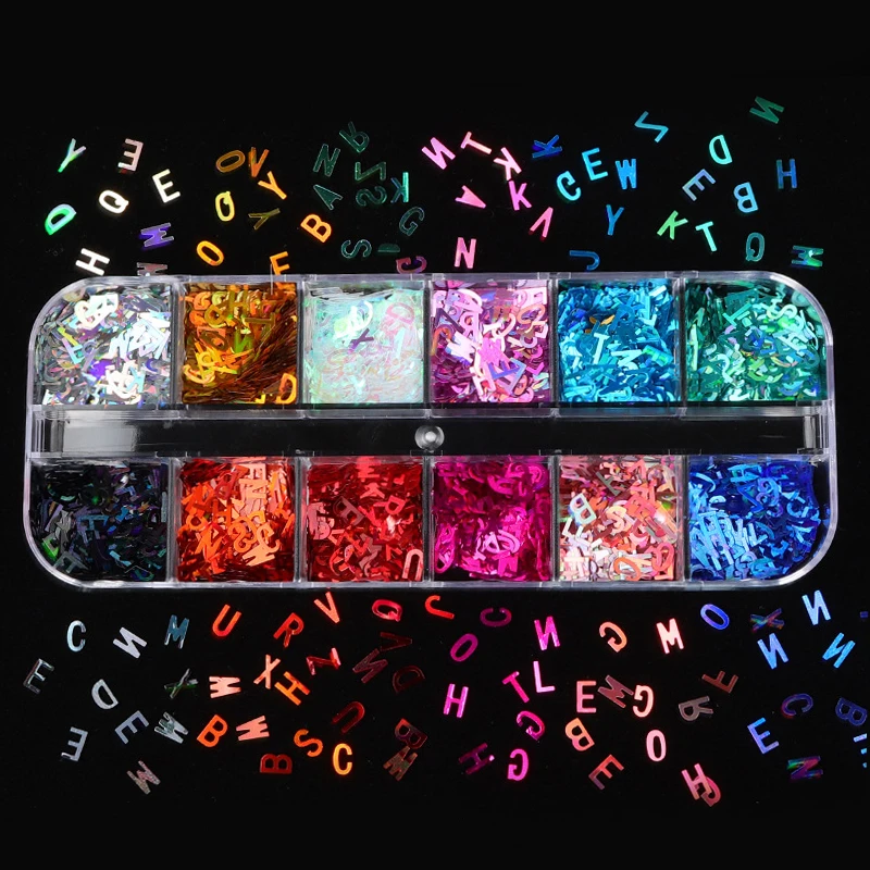 

12 Grid Glitter Flakes Sequins Letter Alphabet Sequins for Epoxy Resin Mold Clay Slime Filler Making Jewelry Components DIY