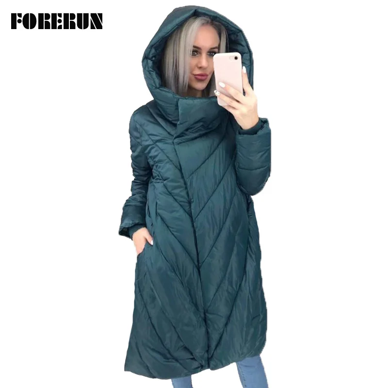 FORERUN зимнее длинное пальто для женщин негабаритная куртка однотонная парка с