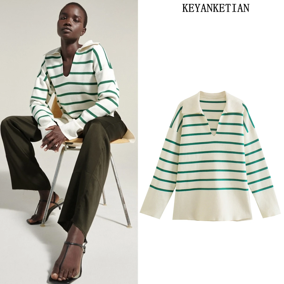 

KEYANKETIAN ZA Knitted Striped Women's Sweater Women's Winter Long Sleeve Warm Oversized Pullover