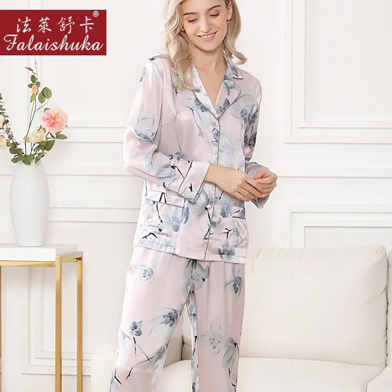 Simple long sleeve 100% genuine silk pajamas sets women sleepwear Korean Elegant pink Flowers pure silk womens pyjamas T8244