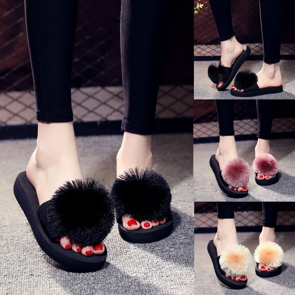 Женские шлепанцы для дома и пляжа дышащие сандалии с меховыми помпонами домашние