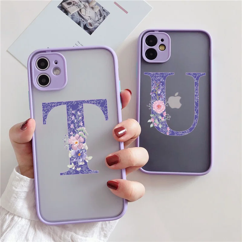 Initial Letter Phone Case For iPhone 13 12 mini 11 Pro X XR XS Max 6s 7 8 Plus Retro Purple Flower Hard Shockproof Back Cover