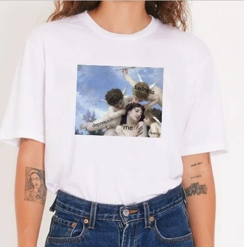 

kuakuayu HJN Bad Emotions Angel Around Me Funny Printed T Shirt Women Short Sleeve Cotton O-Neck Tee Tops