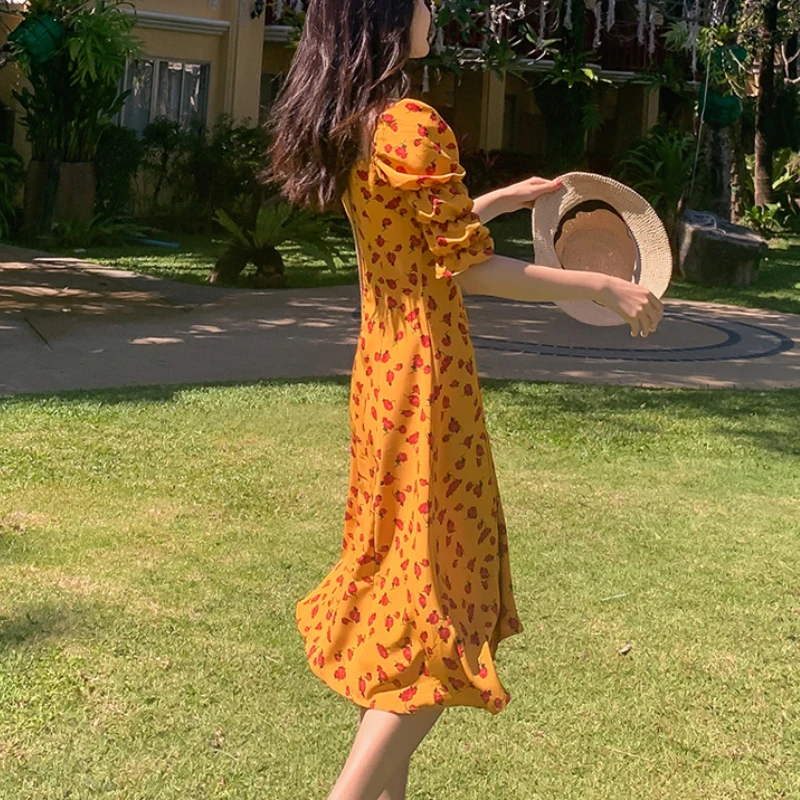 

2021 Women Split Floral Light Dress Blending Flower Print Off Shoulder Sexy Long Dress Sweet Casual Elegant Yellow Dress 2021