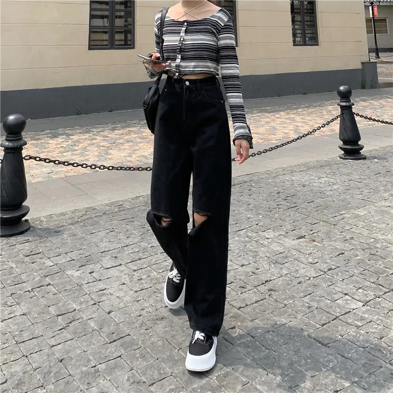 

High Waisted Women Ripped Jeans Korean Fashion Streetwear Wide Leg Casual Straight Summer Black Baggy Ladies Denim