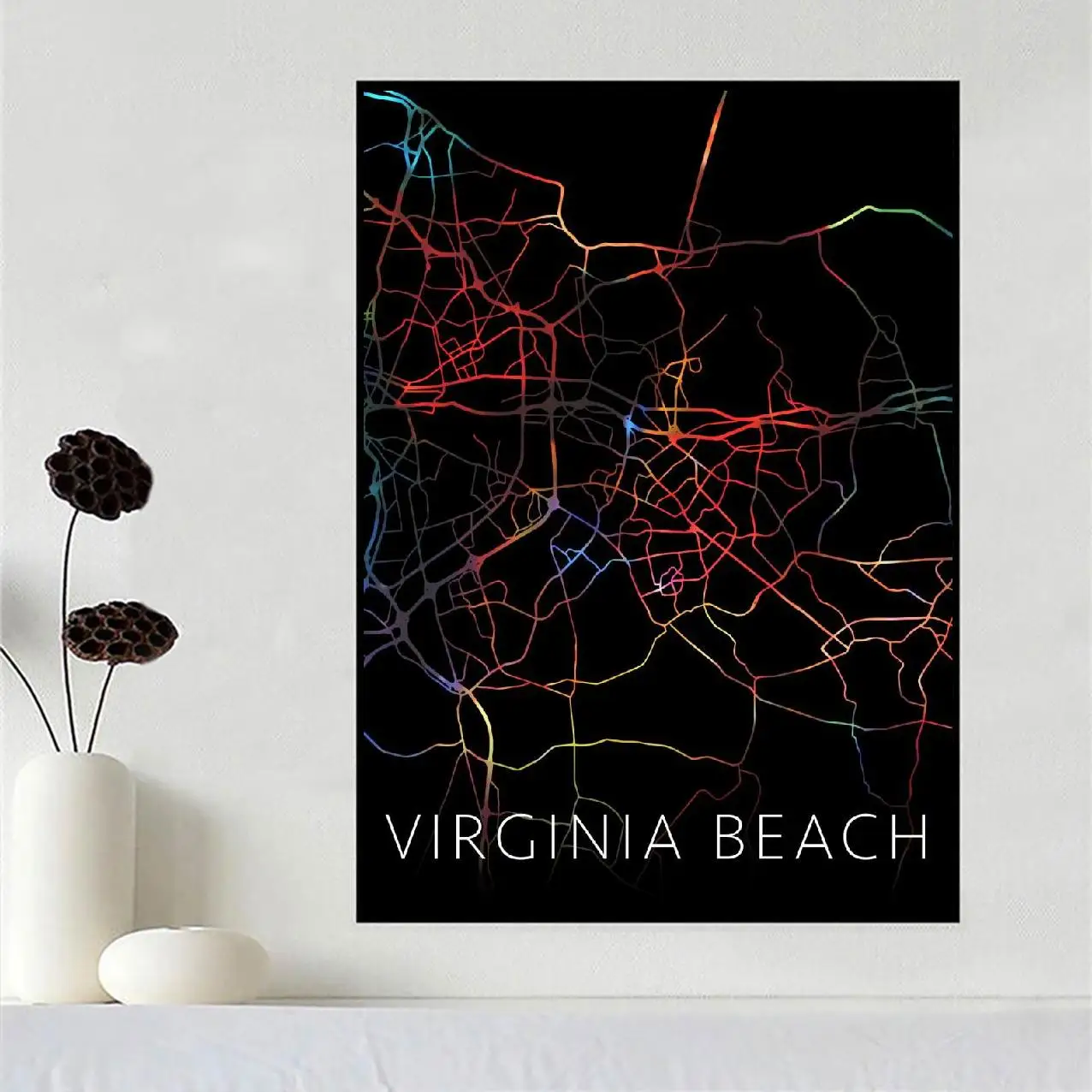 Черная карта города Вирджиния-пляжа холст настенный художественный принт