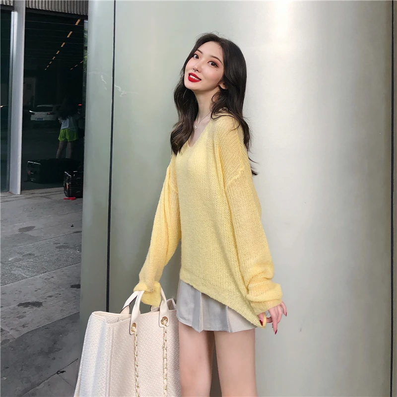 Lucyever Fashion Knitted Black Sweater Women Long Sleeve V-neck See-through Woman Autumn Casual Loose Solid Pull Femme | Женская одежда