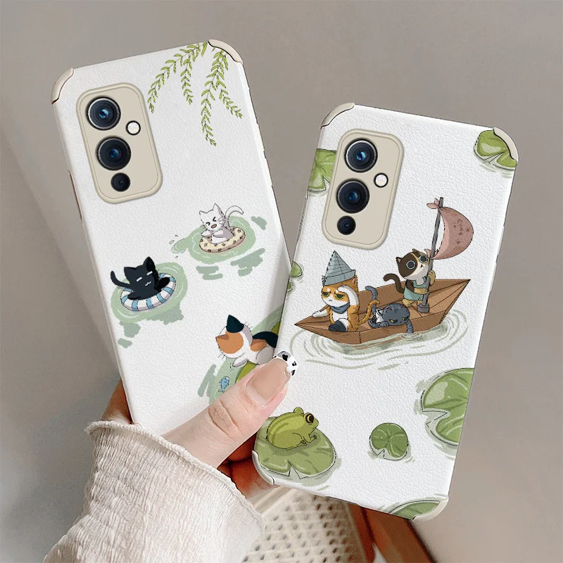 

Wandering Adventure Cat Phone Case For Oneplus 9 9pro 8t 8 8pro Pro Lambskin Four Corners Stick Leather Cover