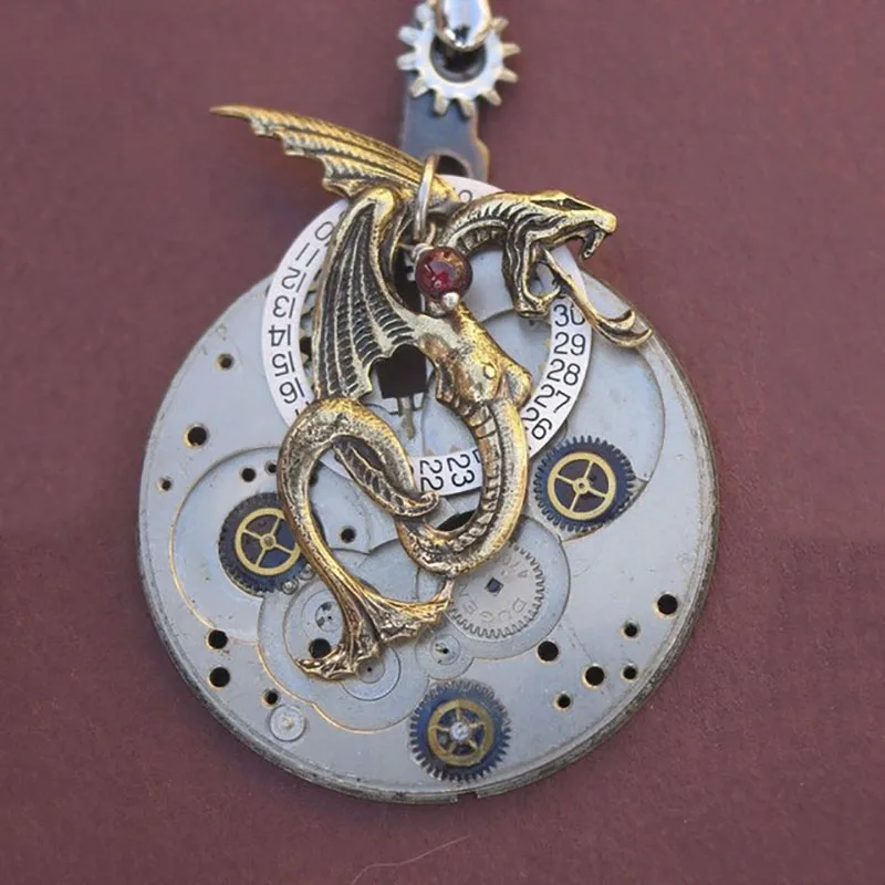 

Men's Necklace Unique Michanical Gear Round Wheel Clock Steampunk Two-tone Magic Snake Wing Metal Pendant Copper Necklace