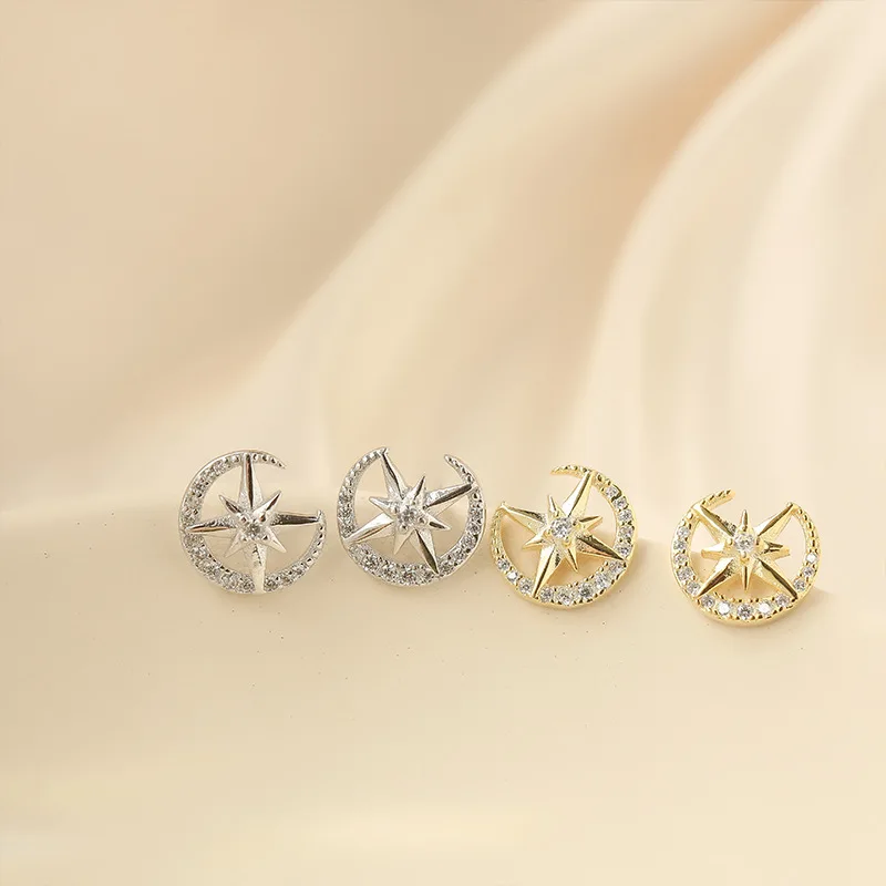 

925 sterling silver flashing earrings with rhinestone star moon earrings simple and fresh sweet niche girl student earrings