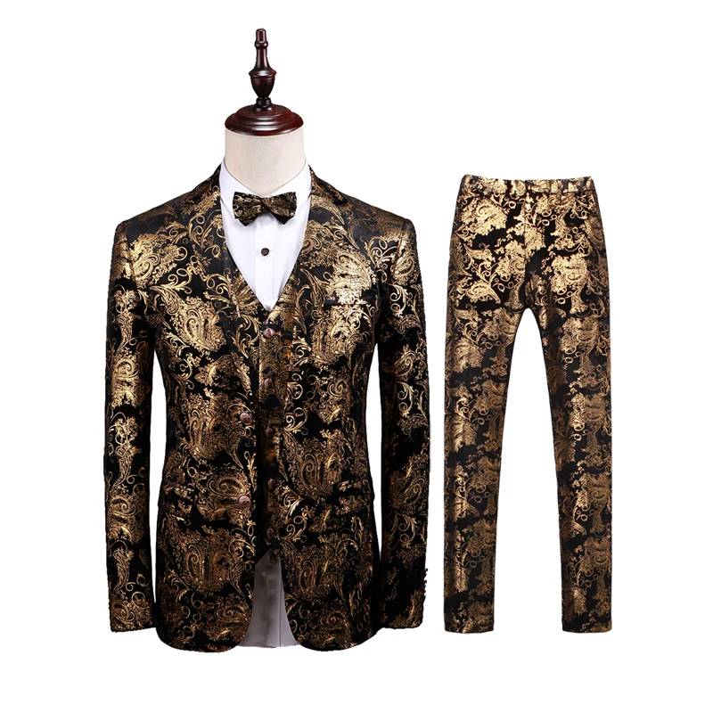 Азиатский размер люксовый бренд золотой Slim Fit Мужской s костюмы бутик цветы