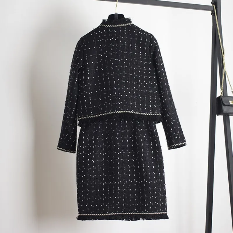 

Elegant Qualites Womens Tassel Plaid Tweed Slim Two Piece Sets Fashion Long Sleeve O-Neck Short Coats High Waist A-Line Skirts
