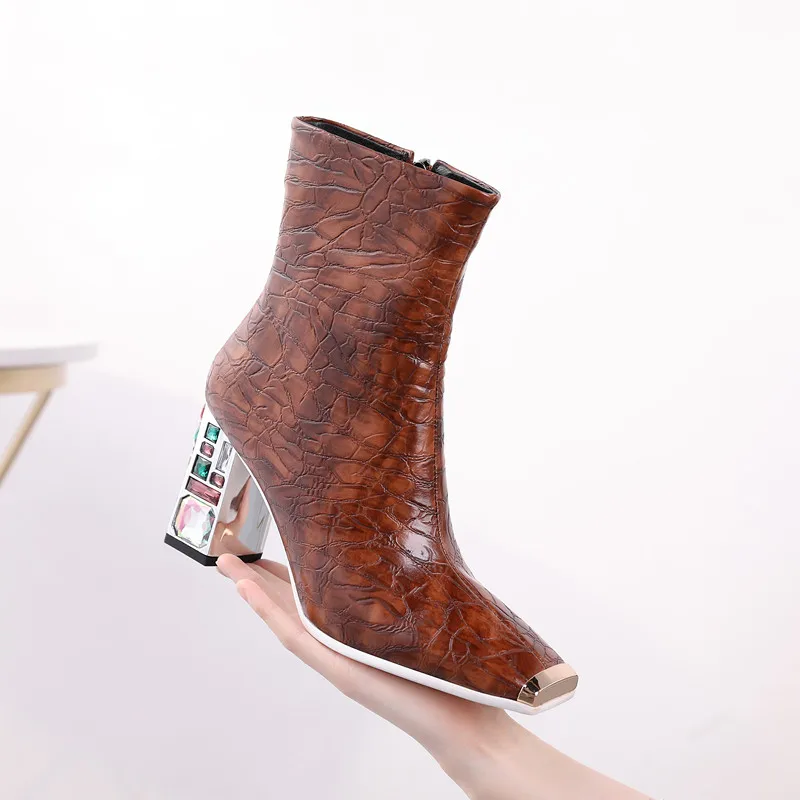 

Fashion Metal Square Toe Women Boots Crystal Square High Heel Ankle Boots Pu Leather Autumn Winter Ladies Shoes 35-48