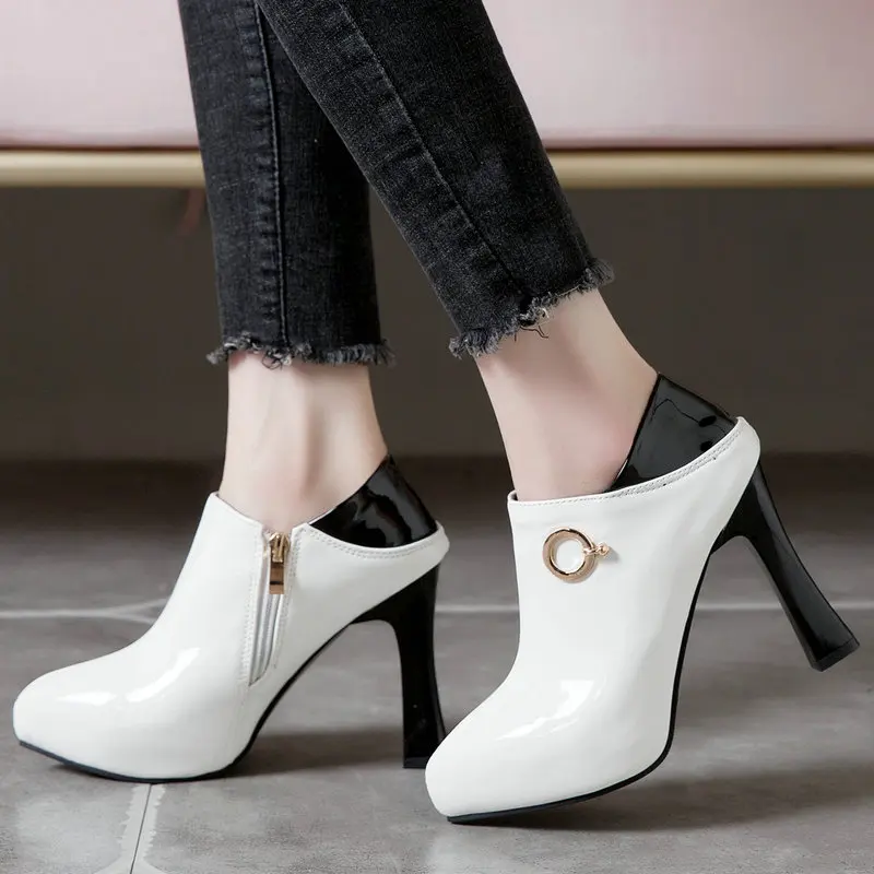

2021 New Women Pumps Fashion Zipper Mixed Colors Shoes Patent Leather Square High Heel Pumps Lady Pointed Toe Autumn Shoes 33-45