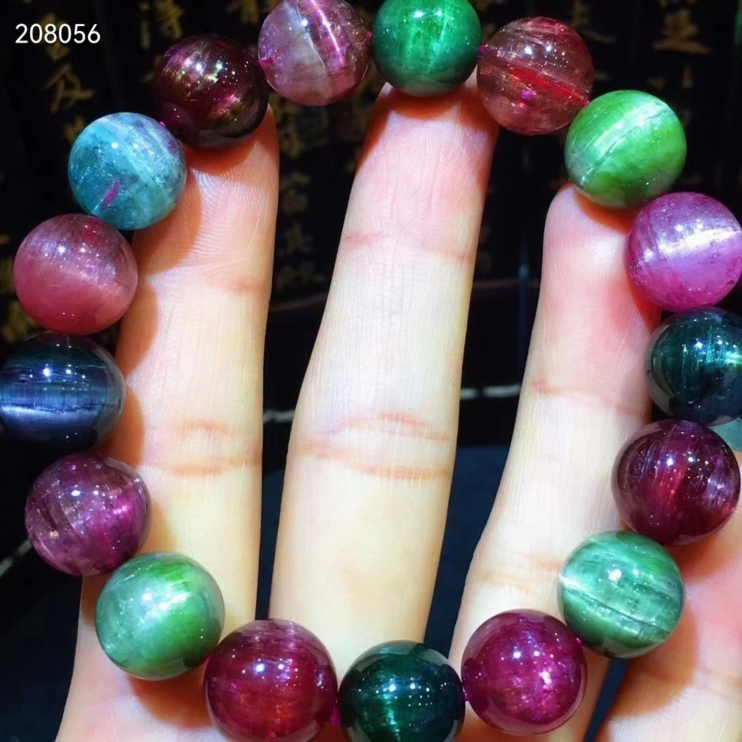 

Genuine Natural Colorful Tourmaline Cat Eye Round Bead Bracelet 12mm From Brazil Tourmaline Rare Stone AAAAAA