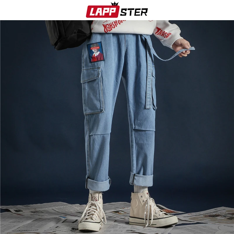 LAPPSTER корейские модные уличные джинсы брюки ленты Harajuku мешковатые джинсы пара высокого качества карманы джинсовые синие брюки