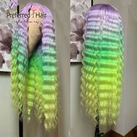 preferred blonde highlight deep wave wig green purple ombre human hair wig brazilian remy pre plucked lace front human hair wigs