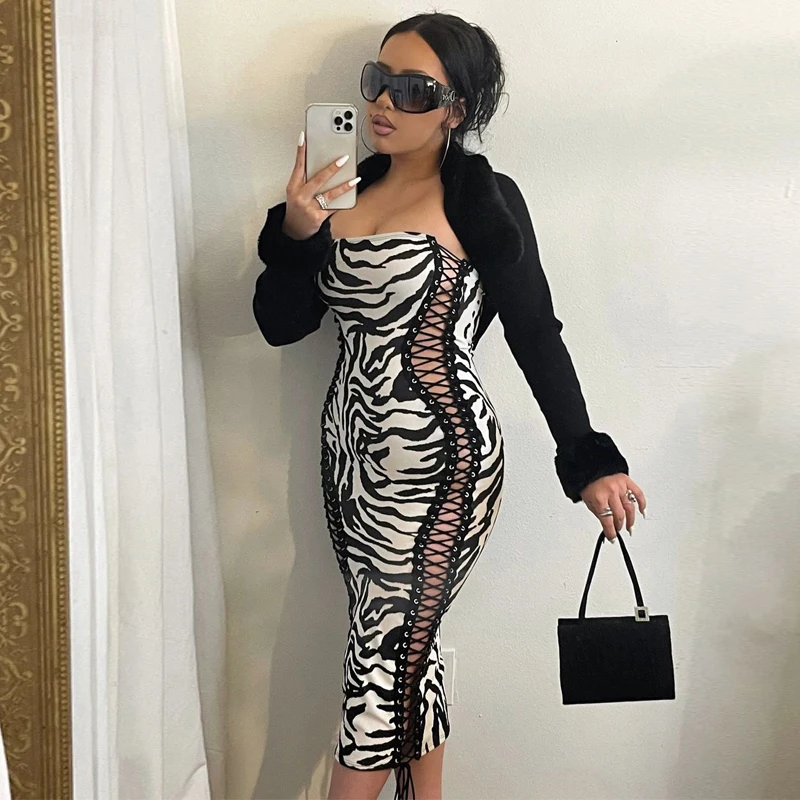 

Women Zebra Striped Off Shoulder Dress Summer Wrap Sexy Hollow Out Lace Up Bodycon Midi Dress Club Party Vestidos