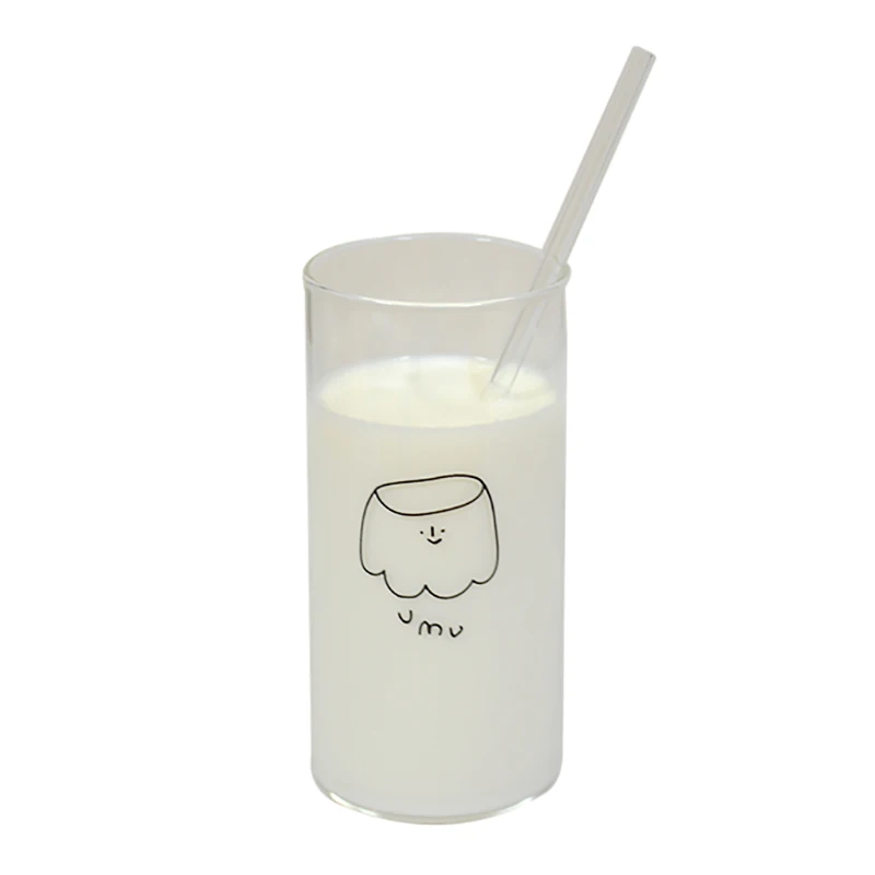 400ml Korean Printed Transparent Glass Coffee Tea Drinks Dessert Breakfast Cup Small Fresh Milk Juice Cold Water With Straw | Дом и сад