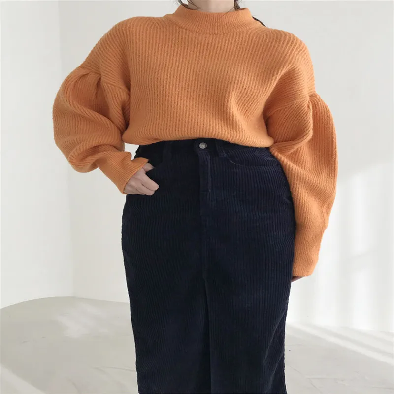 

Solid Crewneck Puff Sleeve Simple All-match Basic Sweater 2020 Winter Soft Comfort Knitted Sweater Minimalist Elegant Pullovers